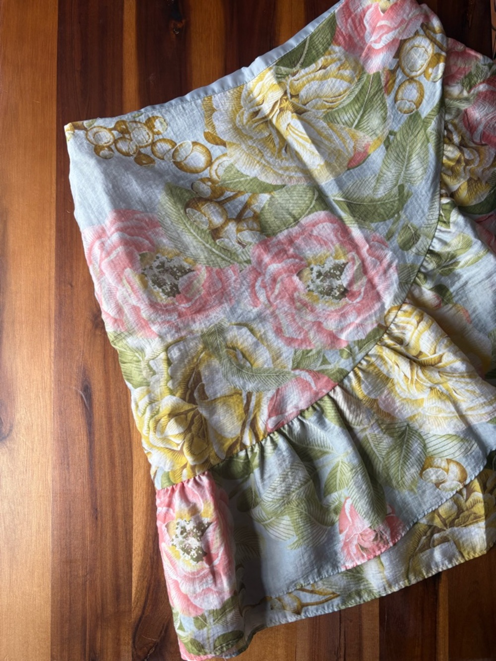 EXPRESS Floral Ruffle Wrap Skirt in Pastel Pink, Blue and Yellow - Picture 5 of 7